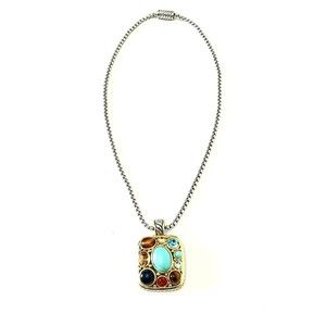 Vintage Pendant Turquoise Multicolored Mosaic Gemstone Square Statement Necklace